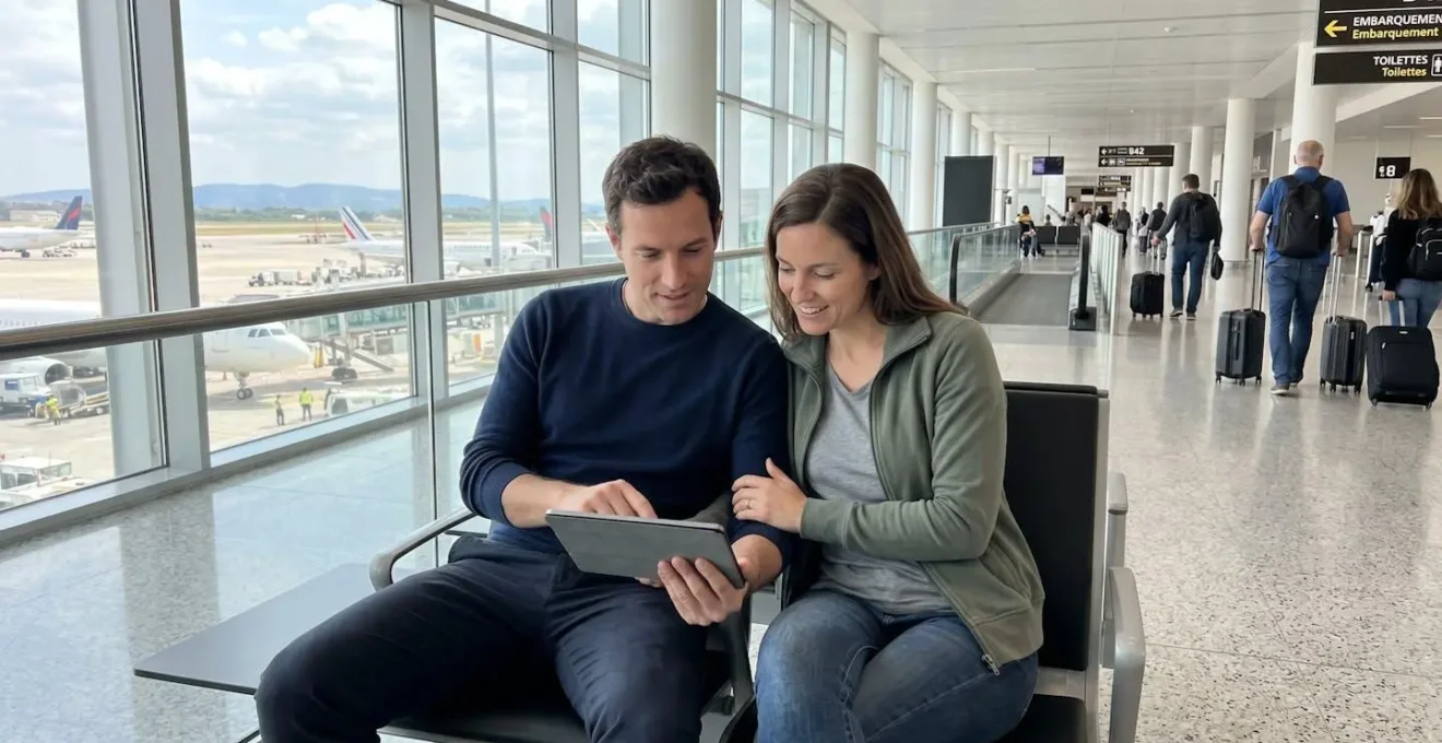 Un couple de voyageurs souriants consulte une tablette numérique dans un hall d'aéroport moderne et lumineux