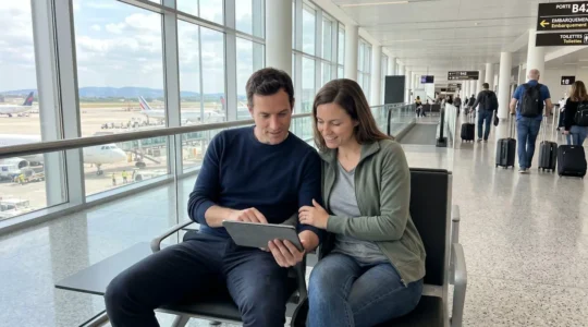 Un couple de voyageurs souriants consulte une tablette numérique dans un hall d'aéroport moderne et lumineux