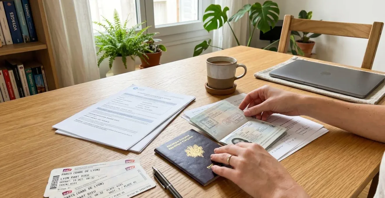 Des mains disposent soigneusement des documents de voyage sur une table lumineuse, incluant passeport, billets et papiers d'assurance